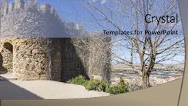  Presentation with ancient - Slide deck consisting of ancient and majestic medieval castle town of consuegra in the province of toledo spain background and a light blue colored foreground