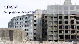  Presentation with battleship - Slide deck featuring ancient battleship - hashima island in nagasaki city background and a sky blue colored foreground