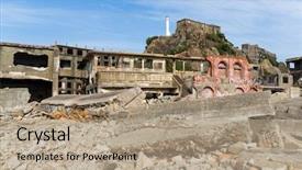 Presentation with ancient japan - Cool new PPT theme with ancient battleship - hashima island in nagasaki backdrop and a coral colored foreground