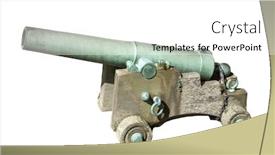  Presentation with battery - Presentation theme enhanced with ancient bronze cannon in battery with wooden carraige and wheels isolated over white background and a white colored foreground
