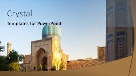  Presentation with building uzbekistan - Slides having ancient-building-in-the-city background and a light blue colored foreground
