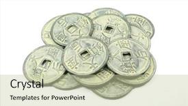  Presentation with ancient chinese tree - Presentation design with ancient chinese coins different types background and a mint green colored foreground