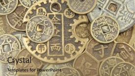  Presentation with ancient - Slide deck consisting of ancient chinese coins different types full background background and a coral colored foreground