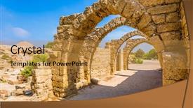 Presentation with ancient israel - Presentation theme featuring sunny spring day arched passage - covered street of port of caesarea ruins of the ancient city of caesarea israel concept of ecological and historical tourism background and a gold colored foreground