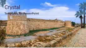  Presentation with medieval church - PPT theme consisting of landmarks of northen cyprus - ancient background and a coral colored foreground