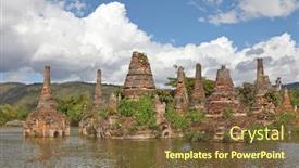  Presentation with ancient ruins - Presentation design with theravada buddhism - ancient flooded pagodas in ruins background and a tawny brown colored foreground