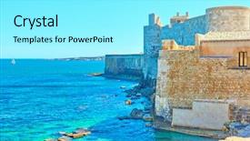  Presentation with ancient - Presentation theme featuring ancient fortress by the sea background and a arctic colored foreground
