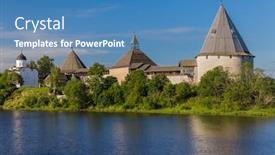  Presentation with ancient village - Colorful PPT theme enhanced with ancient-historical-old-ladoga-fortress backdrop and a teal colored foreground