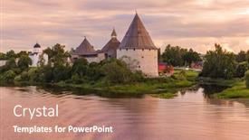  Presentation with ancient village - Presentation design consisting of ancient-historical-old-ladoga-fortress background and a coral colored foreground