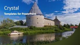  Presentation with ancient village - Slide set with ancient-historical-old-ladoga-fortress background and a teal colored foreground