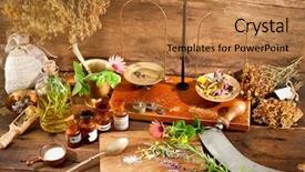  Presentation with ancient medicine - Audience pleasing presentation theme consisting of ancient natural medicine herbs vials backdrop and a coral colored foreground