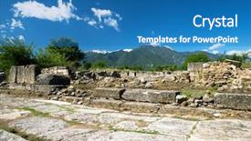  Presentation with ancient greece - Presentation featuring stone tile floor white columns - ancient ruins in dion greece background and a teal colored foreground