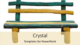  Presentation with coloured - Presentation design consisting of ancient rural bench from logs isolated over white roughly hammered together wooden bench multi-coloured background and a blonde colored foreground