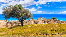  Presentation with sea - Audience pleasing presentation theme consisting of ancient-temples-and-turquoise-sea backdrop and a gold colored foreground