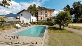  Presentation with villa - Amazing PPT layouts having ancient-villa-with-swimming-pool backdrop and a coral colored foreground