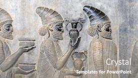  Presentation with ancient iran - Slide deck having ancient-wall-with-bas-relief background and a gray colored foreground