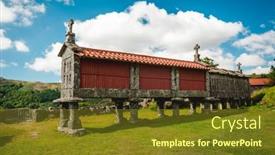  Presentation with warehouse - PPT theme featuring ancient-warehouse-caled-espigueiros background and a tawny brown colored foreground