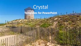  Presentation with windmill - PPT theme consisting of ancient-windmill-at-apulia-beach background and a teal colored foreground