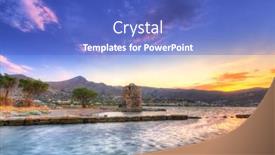  Presentation with ancient greece - Presentation design consisting of ancient windmill ruin at sunset on crete greece background and a teal colored foreground