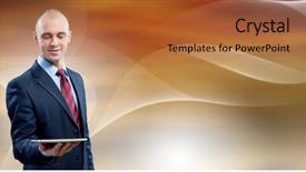  Presentation with hands holding black tablet - Slide set having android device - young handsome businessman holding tablet background and a  colored foreground