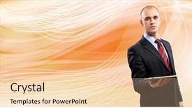  Presentation with tablet - Slide set with android device - young handsome businessman holding tablet background and a  colored foreground