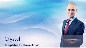  Presentation with tablet - Cool new slide deck with android device - young handsome businessman holding tablet backdrop and a  colored foreground