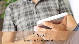  Presentation with man relaxing on massage table - Presentation with android mobile - young man using a tablet background and a coral colored foreground