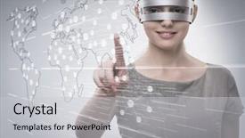  Presentation with futuristic fintech - Presentation with android symbol - businesswoman pressing virtual buttons background and a light gray colored foreground