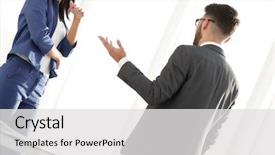  Presentation with happy 30th birthday word cloud - Slide deck enhanced with anecdote - happy laughing businesswoman sharing background and a light gray colored foreground