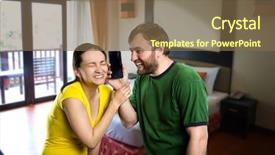  Presentation with teamwork fun - Slide deck having anecdote - young couple having fun background and a  colored foreground