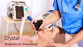  Presentation with female hospital patient - Amazing presentation design having beautiful blonde snow maiden with gift sits and straightens stockings on a white background backdrop and a light gray colored foreground