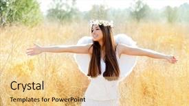  Presentation with angel wings - Colorful slides enhanced with angel ethnic woman in golden field with feather white wings and flowers crown backdrop and a lemonade colored foreground