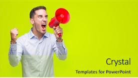  Presentation with microphone - Amazing presentation design having anger crazy and yelling backdrop and a yellow colored foreground