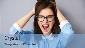 Presentation with anger - Presentation featuring anger management - angry businesswoman touching her hair background and a light blue colored foreground