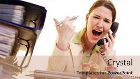  Presentation with phone - Amazing PPT layouts having anger management - businesswoman sitting at her desk backdrop and a coral colored foreground