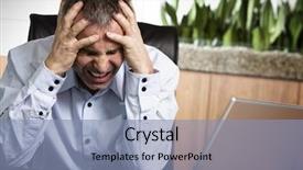  Presentation with front desk - Slides with anger management - frustrated overloaded senior businessman being background and a light blue colored foreground