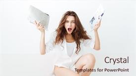  Presentation with newspapers - Beautiful PPT theme featuring anger temper - irritated young brunette woman backdrop and a lemonade colored foreground