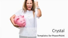  Presentation with woman piggy bank isolated - Colorful PPT theme enhanced with angere - middle age hispanic woman saving backdrop and a white colored foreground