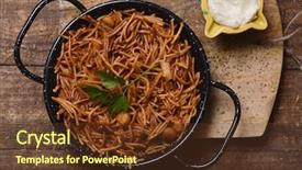  Presentation with seafood paella - Audience pleasing theme consisting of angle shot of a spanish backdrop and a tawny brown colored foreground