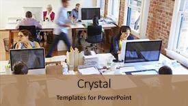  Presentation with office workers - Presentation design featuring angle view of busy design background and a coral colored foreground