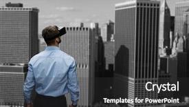  Presentation with virtual reality environments - Amazing presentation design having capital equipment - man holding virtual reality glasses backdrop and a dark gray colored foreground