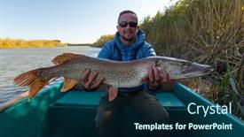  Presentation with fish river - Presentation theme having angler-with-pike-fish-amateur background and a navy blue colored foreground