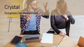 Presentation with working together - Theme with angry - irritated young couple working background and a coral colored foreground