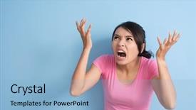  Presentation with angry - Audience pleasing PPT theme consisting of angry asian woman closeup portrait backdrop and a light blue colored foreground