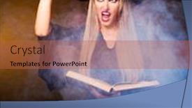 Presentation with conjuring - Theme having angry blond witch with a book and her hands and clouds of blue smoke around her conjuring against black and yellow background background and a red colored foreground