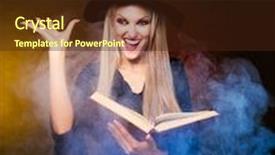  Presentation with conjuring - PPT layouts enhanced with angry blond witch with a book and her hands and clouds of blue smoke around her conjuring against black and yellow background background and a wine colored foreground