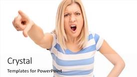  Presentation with someone researching from a computer - Beautiful PPT theme featuring angry blond woman scolding someone backdrop and a white colored foreground