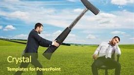  Presentation with outdoor worker safety - Colorful PPT theme enhanced with angry boss in the suit holding big hammer and screaming at lazy worker photo at outdoor backdrop and a tawny brown colored foreground