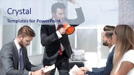  Presentation with employees - PPT layouts with angry boss shouting at employees background and a sky blue colored foreground