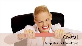  Presentation with angry - Slide deck enhanced with angry business woman sitting behind the desk and trying to break huge pen background and a lemonade colored foreground